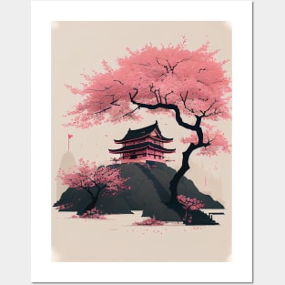 Serene Serenity: Minimal Japanese Temple and Cherry Blossoms Posters and Art